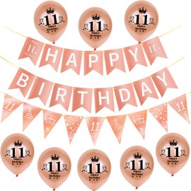 Rose Gold Garland Happy 11th Birthday Banner + 11th Birthday Triangle Flag Banner + 8 Pieces Happy 11th Birthday Balloons 11th Birthday Decoration for Girls, 11th Birthday Girl Party Decoration
