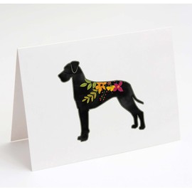 Breed Collection | Great Dane with Natural Ears |100 Breeds| Dog Breed Silhouette Boho Floral Greeting Cards and Envelopes | Pack of 8 | A2 Size Blank Note Cards