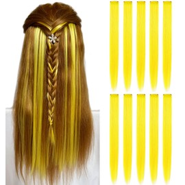 MQY COLOR 9 Pcs Yellow Hair Extensions Colored Clip in Hair Extensions 21Inch Synthetic straight hair for Woman Yellow Hairpiece Girls Birthday Gift