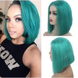 Teal Blue Bob Lace Wig 8 inch 180% Density Silky Straight Brazilian Human Hair Wigs Pre Plucked Natural Hairline with Baby Hair 13×4 Frontal Swiss Lace Middle Part Short Cut Bob Lake Blue for Women