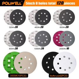 POLIWELL 120pcs 5 Inch Sanding Discs Hook & Loop 8 Holes Wet Dry 320 400 600 800 1000 2000 3000 Grit Orbital Sandpaper with 2pcs Interface Pads, Silicon Carbide Round Flocking Sandpaper