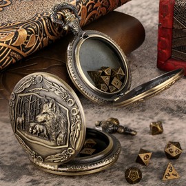 Mini DND Dice Set with Steampunk Wolf Pocket Watch Shell Case, 7pcs Polyhedral Metal D&D Dice, DND Gifts with Gift Box, Role Playing Board Games Accessories