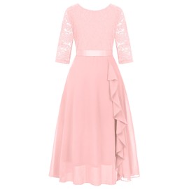 Girls Floral Lace Pink Dress Christmas Bridesmaid Vintage Formal Cocktail Party Swallowtail Swing Dresses 7-14 Years