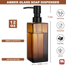 GMISUN Amber Glass Soap Dispenser, Hand Soap Dispenser with Stainless Steel Pump for Bathroom, 12 fl oz/350ml Refillable Dish Dispensers for Kitchen, Modern Liquid Lotion Bottles for Countertop
