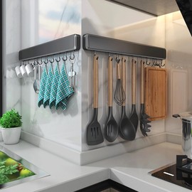 Global-Daily Kitchen Utensils Rack Wall Mounted, Kitchen Rail with Sliding Hooks, Hanging Holder for Kitchen Utensils, Spoons, and Shovels (30cm)