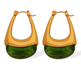 Sparklaura Chunky Gold Hoop Dangle Earrings for Women 18K Gold Plated Hypoallergenic Vintage Boho Stainless Steel Resin Drop Prom Earrings Summer Maximalist Jewelry Gift Emerald Green