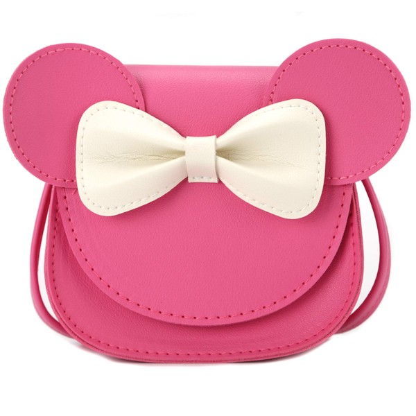 QiMing Little Mouse Ear Bow Crossbody Purse,PU Shoulder Handbag for Kids Girls Toddlers(Rose Pink1)