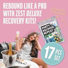 Deluxe XL Hangover Kit - 17 Piece Pre-Filled Gift Bag - Premium Supplies Set - Wedding, Birthday, or Bachelorette Party Favors - Zest Hydration Packets, Gum, & More