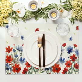 Patriotic Red Blue Watercolor Floral Placemats Set of 4 4th of July Washable Non-Slip Heat Resistant Place Mats America Memorial Day Independence Day Table Mats 12x18 Inch