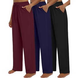 Neer 3 Pack Women's Baggy Sweatpants with Pockets, Wide Leg Yoga Pants Cozy Thick Lounge Pants Drawstring Casual Loose Jogger(XX-Large,Burgundy, Navy Blue, Black)