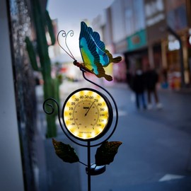 Outdoor Thermometers for Outside - Decorative Garden Stakes - Metal Butterfly Waterproof Patio Lawn Temperature with Solar Warm LED Lights for Yard and Garden, Holiday Gifts for Man Woman