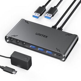 Unitek HDMI KVM Switch 1 Monitor 2 Computers 4K@30Hz USB C Switcher Sharing Keyboard Mouse Printer with 5 USB Ports 10Gbps 2 USB Cables Power Adapter PC/Mac Compatible File Drag-and-Drop Transfer