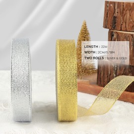 OWill 2 Rolls of Christmas Ribbon,Gold and Silver Organza Ribbons for Gift Wrapping Christmas Tree DIY for Crafts（20mm x 22m）