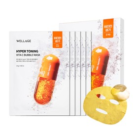 WELLAGE Hyper Toning Vita C Bubble Mask, Korean Skincare, Wash Off Facial Pack for Dull Tired Skin, Brightening and Hydrating, Hyaluronic Acid, Glutathione, Panthenol, 5 Sheets
