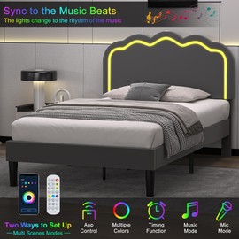 VECELO Upholstered Twin Size Bed Frame with Headboard Adjustable, LED Lights, USB-A & Type-C, Velvet Platform Bed Noise Free, Mattress Foundation with Wooden Slats, No Box Spring Needed, Dark Grey