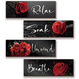 4 Pieces Red Rose Bathroom Wall Decors Flower Restroom Red Decor Relax Soak Unwind Breathe Red Wall Art Farmhouse Red Bathroom Decor Sign for Bedroom Living Room Home Decoration(Red Rose 12x4 Inch)