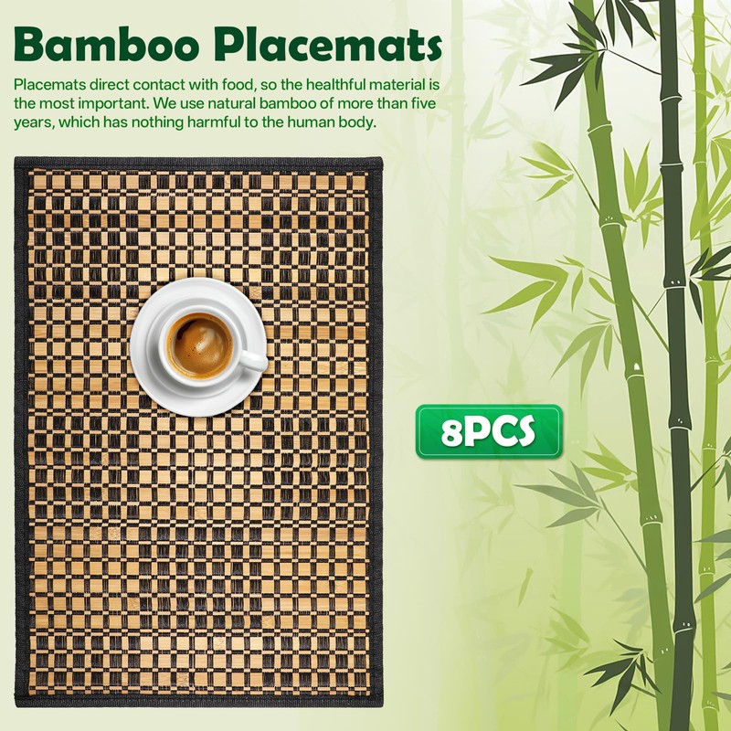 JJUNW 8 Pack Bamboo Placemats, 18 x 12 Inch Natural
