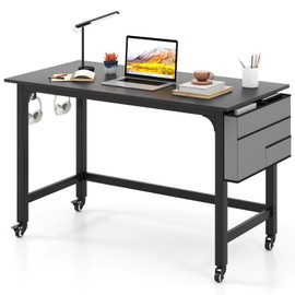 Giantex 48" Rolling Computer Desk, Mobile Study Writing Desk with Wheels, Storage Bag & 2 Hanging Hooks, Simple Style Home Office Work Bench, PC Workstation for Study, Bedroom (Black)