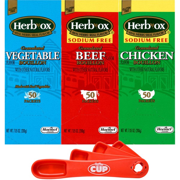 Herb-Ox Granulated Flavor Bouillon Variety, Full-Sodium Vegetable, Chicken Sodium-Free and Beef Sodium-Free (Pack of 3) with By The Cup Swivel Measuring Spoon