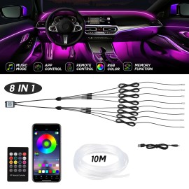 BEVINSEE 10M RGB 8 LED Car Interior Fiber Optical Strip Lights Atmosphere Lamp Remote App