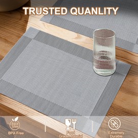 BETEAM Placemats Set of 6 Woven Vinyl Placemat for Dining Table Washable Wipeable Kitchen Place Mats Durable Indoor Outdoor Table Mats -02 Silver Grey, 6 Pcs
