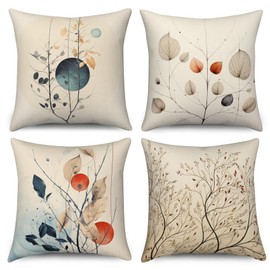 ASDCXZ Vintage Kissenbezug 40x40 cm 4er Set, Modern Retro Braun Beige Blätter Sofa Dekokissen Kissenbezüge Kissenhülle Waschbar Polyester Flachs Textil Outdoor Kopfkissenbezug Kissen Bezug