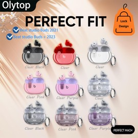 Olytop for Beats Studio Buds/Buds + Clear Case with Lock 2021/2023, Soft Transparent TPU Protective Cover Skin with Keychain Women Men for Beat Studio Buds/Buds Plus Earbuds - Pink