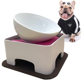 JWPC Bulldog Bowl Anti-Slip Slanted Tilted Elevated Raised Ceramics Dog Detachable Dog Bowl Pet Sterile Tilted Pet Feeder for Flat Faced Dogs/Frenchie/Pug/Cat/Puppy/Shih Tzu (Whie-1.5 Cup