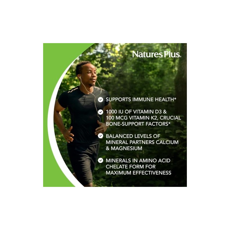 NaturesPlus Calcium Magnesium Vitamin D3 K2 Supplement - Bone, Teeth