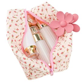 Bolsa de maquillaje floral, bolsa de maquillaje acolchada floral, bolsa de cosméticos, bolsa de productos para el cuidado de la piel, bolsa de maquillaje de viaje de moda, bolsa de maquillaje pequeña y linda, bolsa de maquillaje hinchada, atractiva bolsa