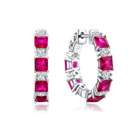 RANDES Ruby Red Earrings Chunky Hoop Earrings 20mm White Gold Sterling Silver Huggie Hoops Created Diamond Stone Small Hoop Earrings for Women