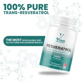 Vinco Resveratrol 1000mg, 60 Capsules - 100% Pure Trans-Resveratrol Supplement for Cellular Health and Cardiovascular Wellness - Non-GMO & Gluten Free - Made in The UK
