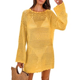 ANRABESS Women Swimsuit Crochet Swim Cover Up 2026 Summer Bathing Suit Swimwear Mesh Knit Beach Dress Vacation Outfits Yellow Small