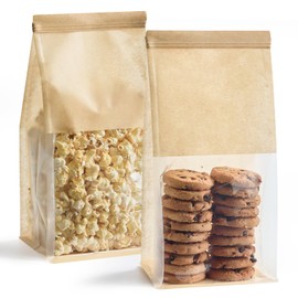 ZORRITA 50 Pack Bakery Bags with Window, 5.1 x 3.9 x 11 Inches Kraft Paper Cookie Bags Tin Tie Tab Lock Treat Bags for Packaging Breads, Pastry, Donuts, Popcorns, Granola and Snacks