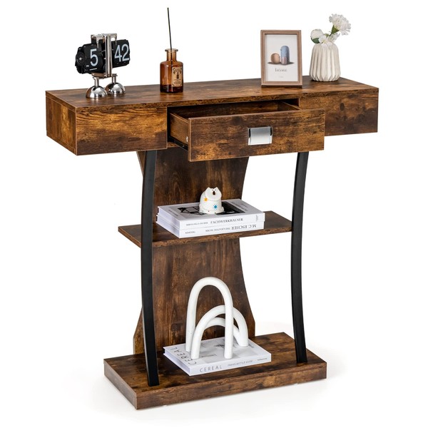 Multigot Console Table, T-Shaped Hallway Sofa Side Table with Drawer,