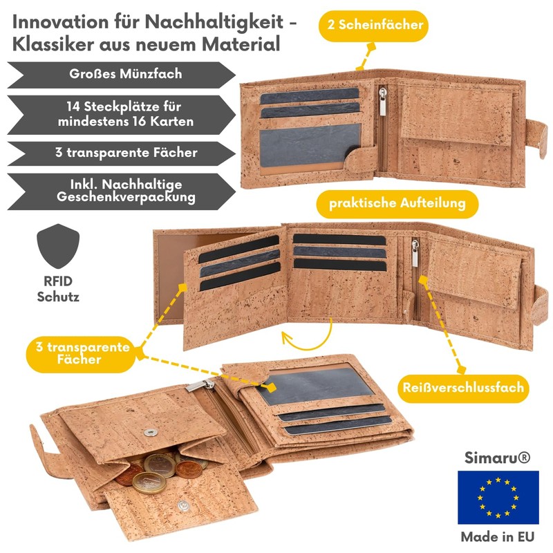 Simaru Cork Wallet, Unisex Wallet with RFID Protection, Wallet for