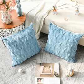 AVOIN colorlife AVOIN colorlife Easter Rabbits Blue Throw Pillow Cover, 18 x 18 Inch Bunny Soft Plush Faux Fur Jacquard Cushion Case Decoration for Sofa Couch Set of 2