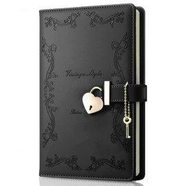 Mousbull Girls Diary with Lock and Key, Cute Heart Shaped Lock Journal for Women, Refillable A5 Vintage Secret PU Leather Notebook Gift for Teen Girls - Black