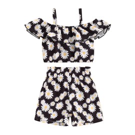 BeQeuewll - Conjunto de 2 piezas de ropa de verano para bebé y niña, diseño floral con volantes, hombros descubiertos, pantalones cortos elásticos para niños y niñas, Negro -, 12-18 Meses