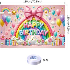 Rainbow Happy Birthday Backdrop Banner Cute Pink Rainbow Photography Background for Girls Sweeties Home Outdoor Birthday Party Decoration Supplies 70.8 x 47.2 Inch