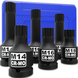 KIRXST 1/2 Inch Impact XZN Bit Socket Set, M14 - M18, 6 Piece Impact Spline Socket Bit Set for Mechanical Repair