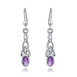 Amethyst Celtic Irish Love Knot Work Purple Oval Bezel Set Fish Hook Dangle Earrings .925 Sterling Silver