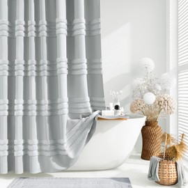Dynamene 78 Inch Long Shower Curtain, Textured Tufted Chenille Striped Tall Fabric Shower Curtain for Bathroom, Large Hotel Spa Luxury Waterproof Cloth Shower Curtain Set with Hook, Grey, 72x78