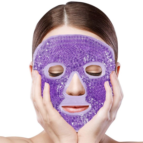 Ruzzut Hot and Cold Face Mask with Gel Beads, Flexible Full Face Gel Ice Pad, Reusable Spa Compress Facial Pack for Migraine Relief, Swollen Face, Puffy Eyes & Relaxation, Purple