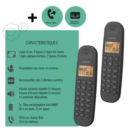 Logicom Iloa 255T Cordless Landline Telephone with Answering Machine - Duo - Analog and DECT Phones - Black