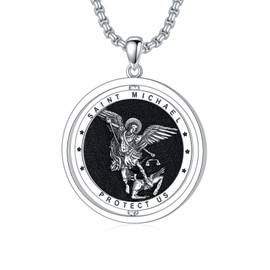 CEKAMA Saint Michael Necklace for Men Sterling Silver St Michael Medal Necklace for Women Saint Michael Rotatable Pendant Archangel Protect Us Catholic Medallions Amulet for Father Husband Son