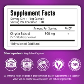 Immortal Herbs Chrysin Supplement 500mg, 120 Pills, Passion Flower Extract Powder, 5,7-Dihydroxyflavone, Non-GMO and Gluten-Free Chrysin Supplement for Men and Women