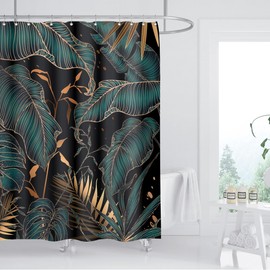 ZXMBF Green Gold Tropical Palm Leaves Shower Curtain Abstract Banana Leaf Modern Botanical Plant Nature Aesthetic Emerald Green Bathroom Decor Waterproof Fabric 72Lx60W Inch with Hooks