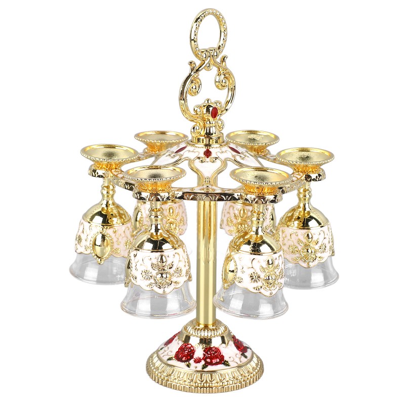 6Pcs Chinese Chalice Retro Style Zinc Alloy Glass Embossed Flower