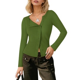 Long Sleeve Shirts for Women Fashion Fall 2025 Asymmetrical Button Up Open Front Crop Cardigan Fitted Sweaters Army Green